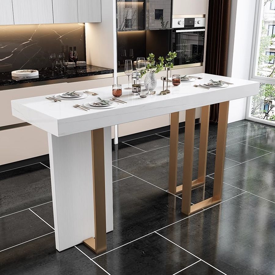 Luxurious High Top Table with White Marble Top, Dual Footing, Seating for 4/6/8, Chalk Color, Rectangle Shape