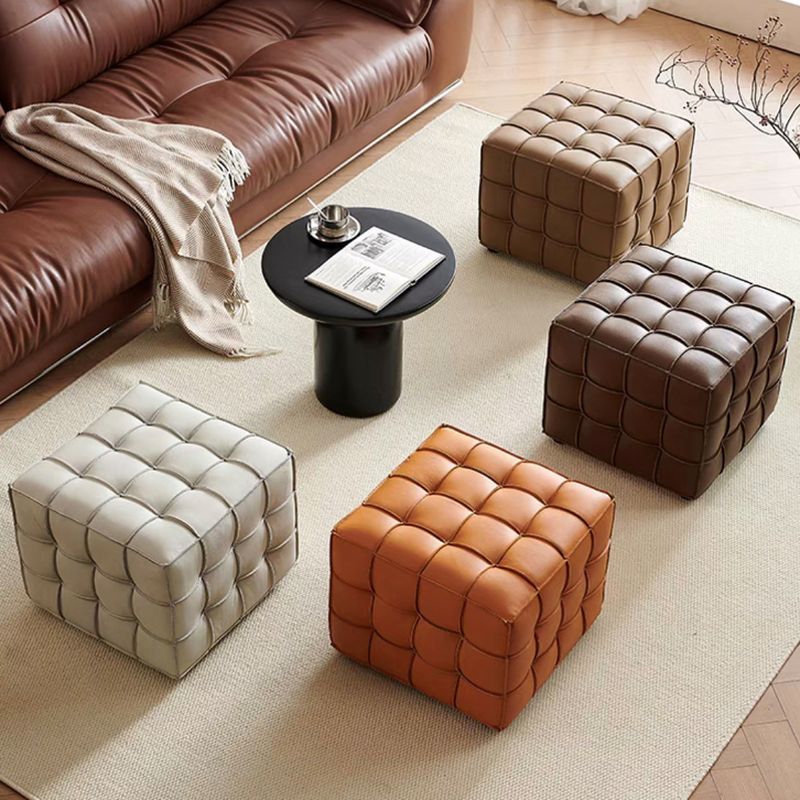 Modish Square Solid Color Standard Ottoman in Genuine Leather with Scarlet/Caramel/Beige Button-tufted Upholstery