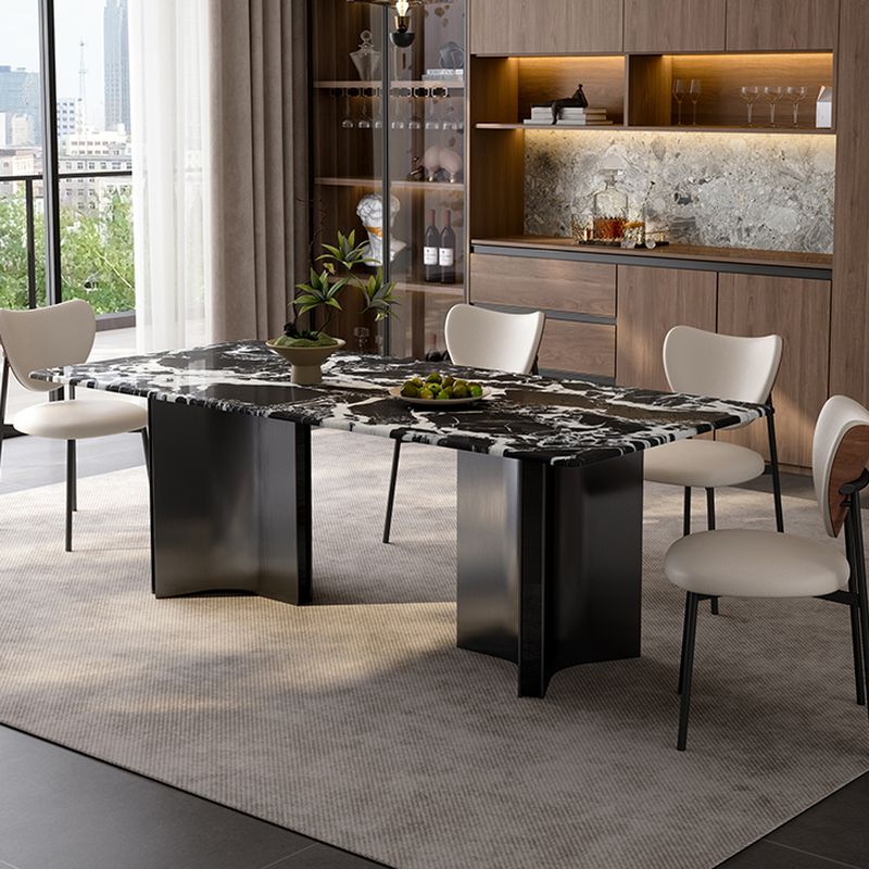Trendy Marble Top Dining Table with Stainless Alloy Double Pedestal Base, Fixed Table in Glossy Black, Scratch-immune, Seating for 6/4-person Seating/8 People