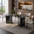 Trendy Marble Top Dining Table with Stainless Alloy Double Pedestal Base, Fixed Table in Glossy Black, Scratch-immune, Seating for 6/4-person Seating/8 People