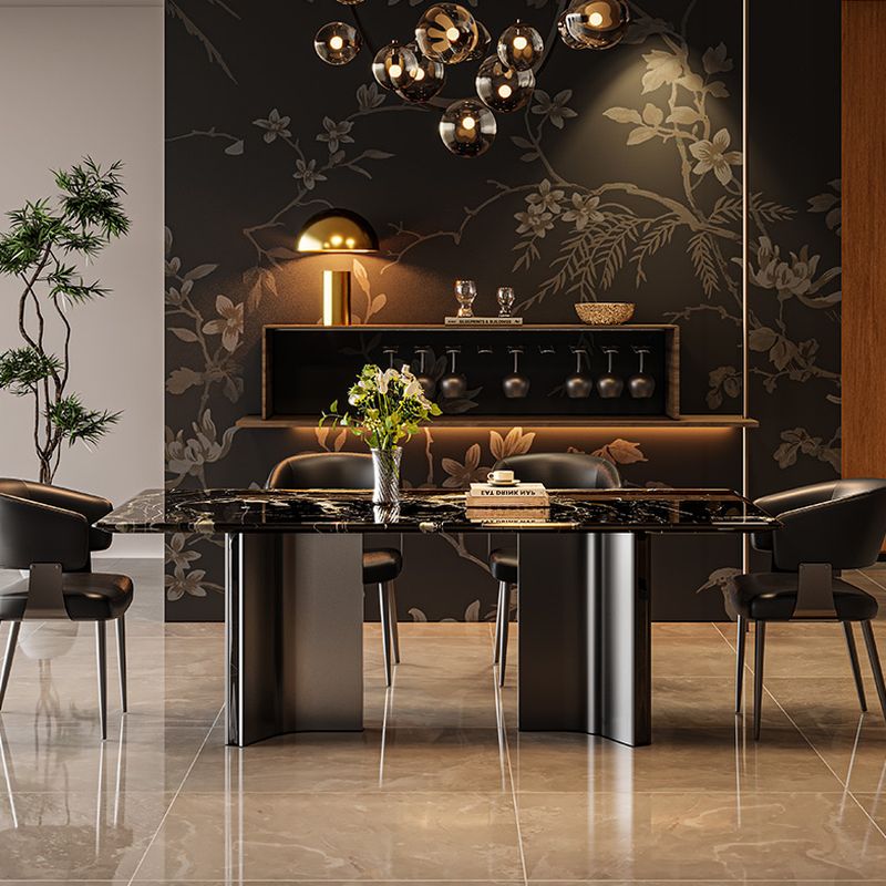 Natural Marble Dining Table in Modern Simple Style with Stainless Steel Base, Fixed Table, Glossy Black Top, 6-person Seating, Scratch Resistant, Mixed-material Design
