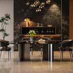 Natural Marble Dining Table in Modern Simple Style with Stainless Steel Base, Fixed Table, Glossy Black Top, 6-person Seating, Scratch Resistant, Mixed-material Design