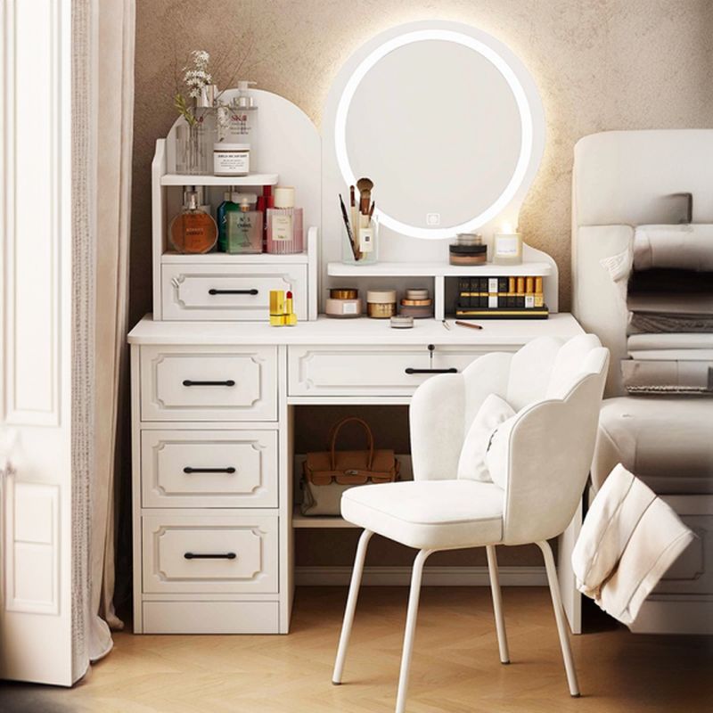 Trendy Chalk Wood Standard Makeup Vanity with 5 Drawers, Light Up Mirror, and Lighting System