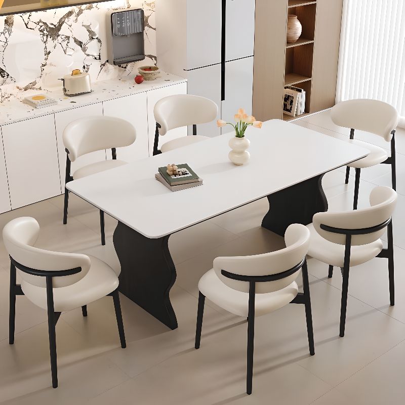 Stone Dining Table with Ink Double Pedestal Base, Seating for 6/4-person Seat/Seating for 8, Anti-Fouling Sintered Stone Tabletop