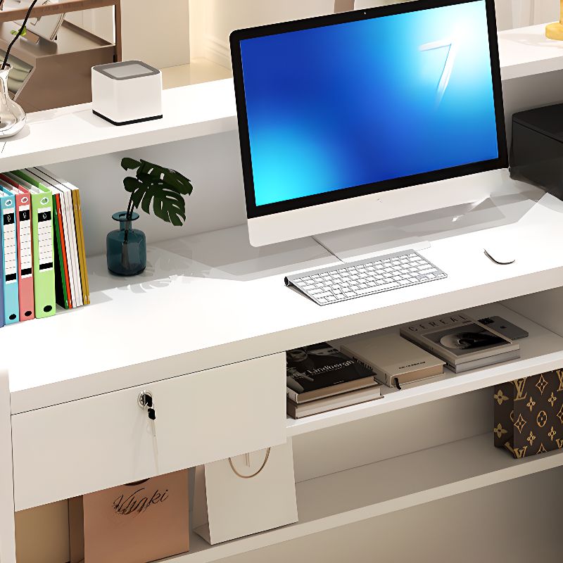 Rectangle Wood Grain Reception Desk with Locking Drawer, Hutch, Manufactured Wood Top