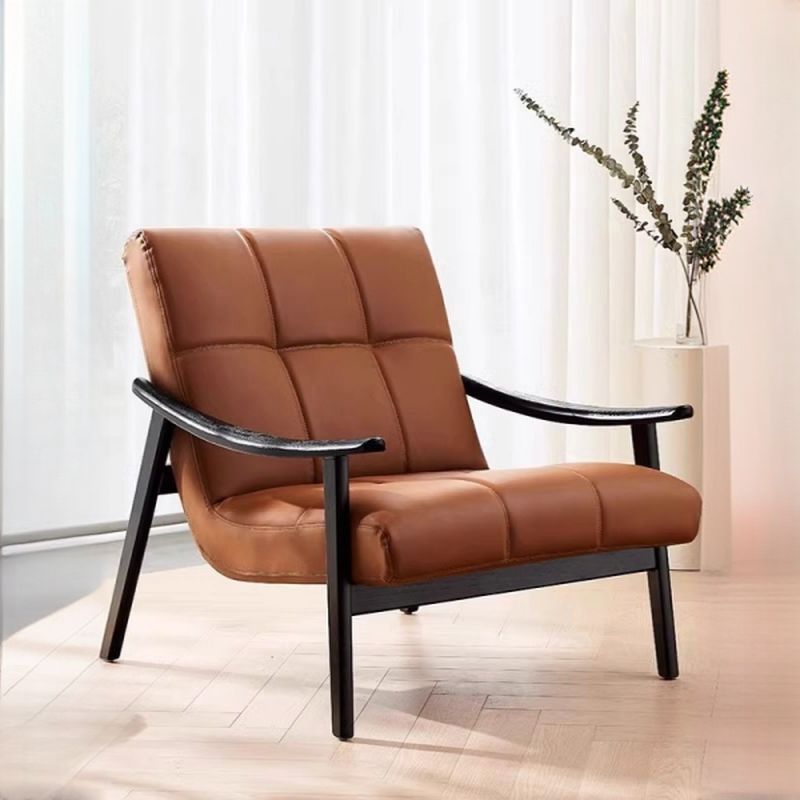 Simplistic Solid Color Arm Chair with Fixed Back in Faux Leather Ink/Cocoa with Arms