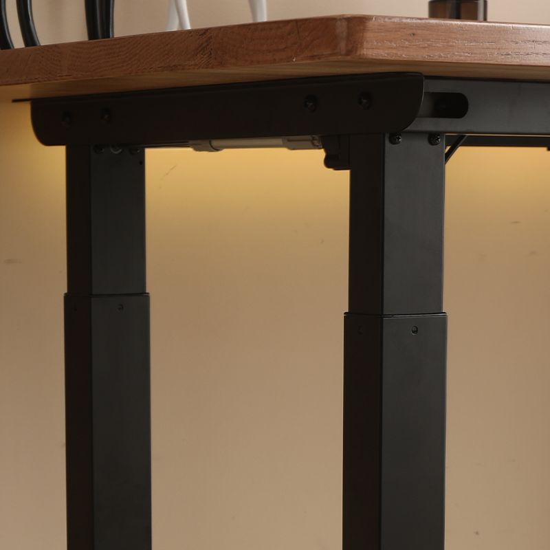 Simplistic Flexible Height Desk with Rainproof Toboggan Base, Automatic Height Adjustment, Auburn Lumber Top, Floor Mounted