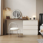 Modish Large Vanity Set with Lumber Table Top, White Chair, 3 Drawers, and Light Up Mirror