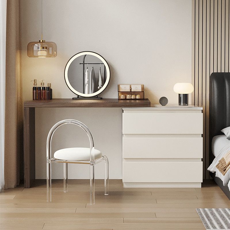 Modish Large Vanity Set with Lumber Table Top, White Chair, 3 Drawers, and Light Up Mirror