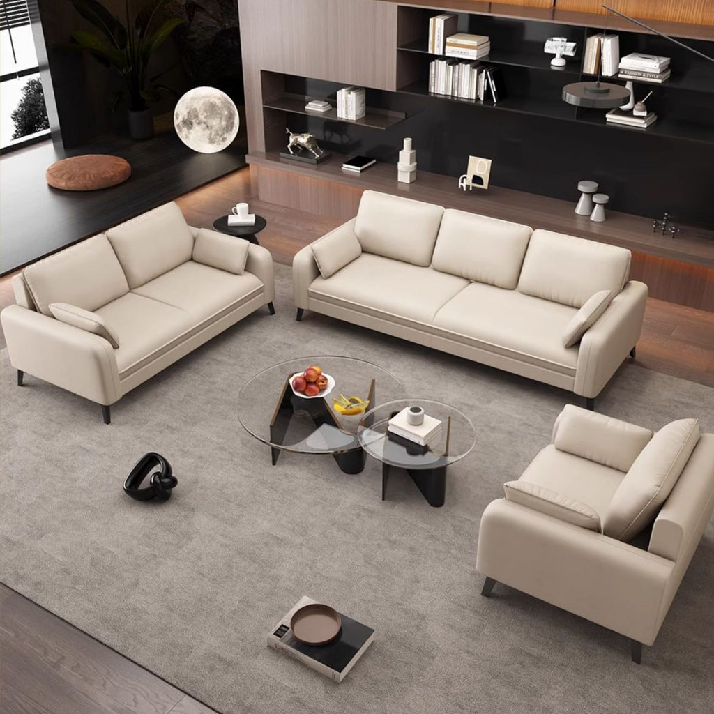 Trendy Solid Color Stain Resistant Standard Sofa in Synthetic Leather with Light Gray/Sage/Amber Color, Seats 3 with 2 Pillows