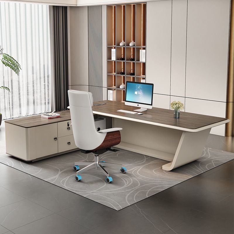 Scratch-proof Desk with 2 Drawers, Cabinet, Dual Footing Base, Exterior Shelf, Cable Management, Front Splash, and Cooling Hole