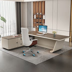 Scratch-proof Desk with 2 Drawers, Cabinet, Dual Footing Base, Exterior Shelf, Cable Management, Front Splash, and Cooling Hole