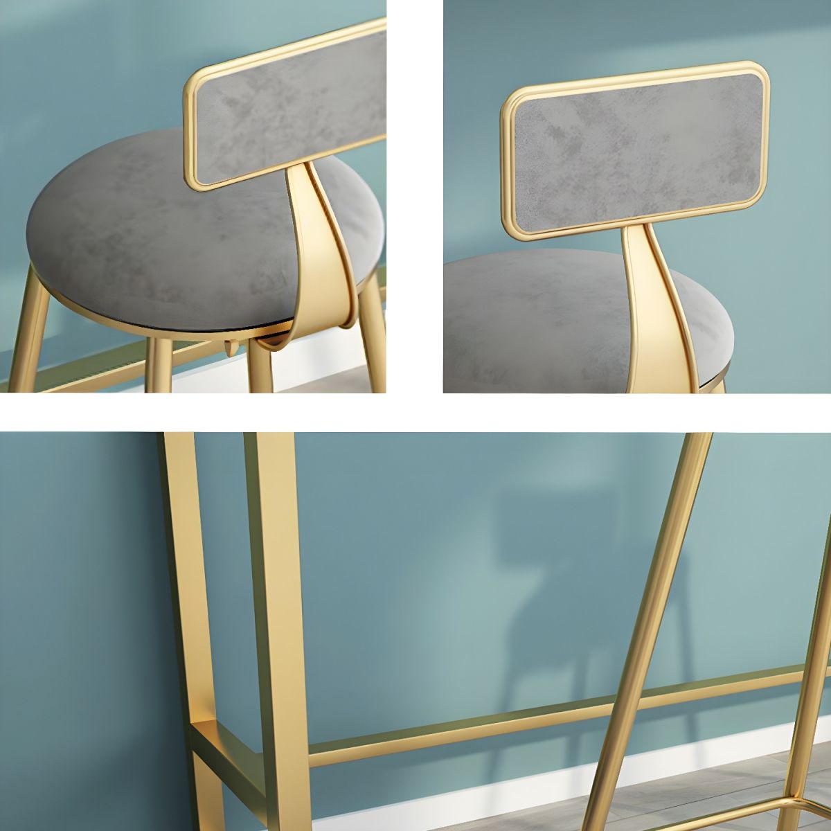 Glam Metal Home Bar Set with Gold Upholstered Chairs and Footrest