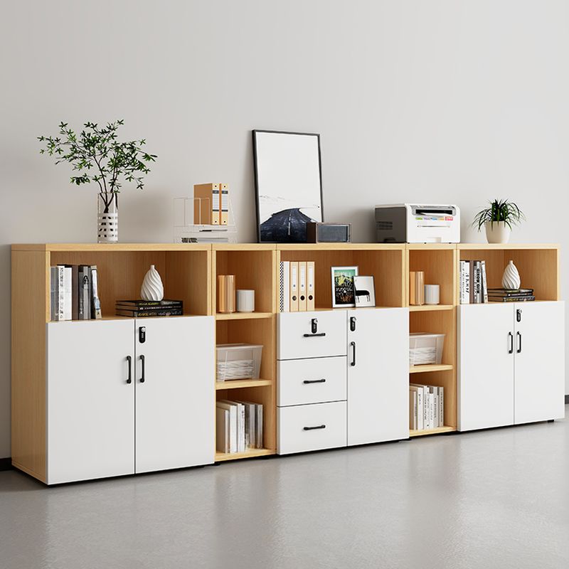Natural Finish Manufactured Wood Supplies Cabinet with Shelves, Drawers, Locker, Locking Door, and 5-Wide/4-Wide/3-Wide Compartments