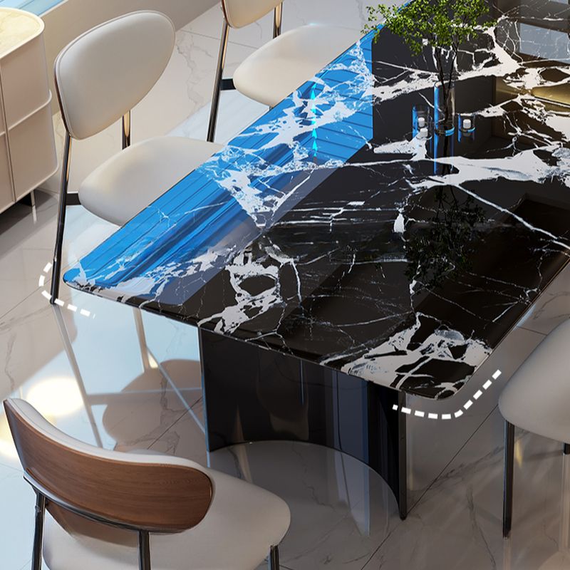 Modern Dirt-resistant Midnight Black Multi-material Construction Fixed Engineered Marble Dining Table with Steel Base for 4/6-person Seating