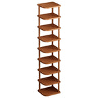 Art Deco Composite Wood Rectangle Shoe Rack in Light Brown with 9 Shelves for 1-10 Pairs in Drawing Room with Individual Shoe Cubby Holes