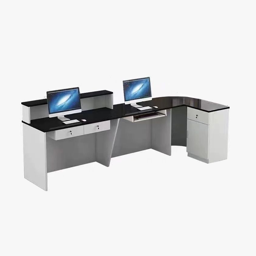 L-Shape Manufactured Wood Top Reception Desk with Hutch, Desk Return, Filing Cabinet & Keyboard Tray
