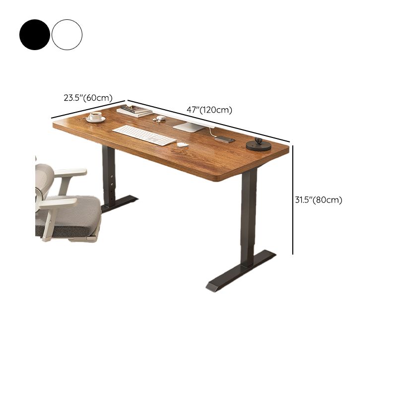 Modern Rectangular Height-Adjustable Laminate Desk in Midnight Black/Chalk/Light Brown with Cable Management and Hand-Operated Office Computer Desk