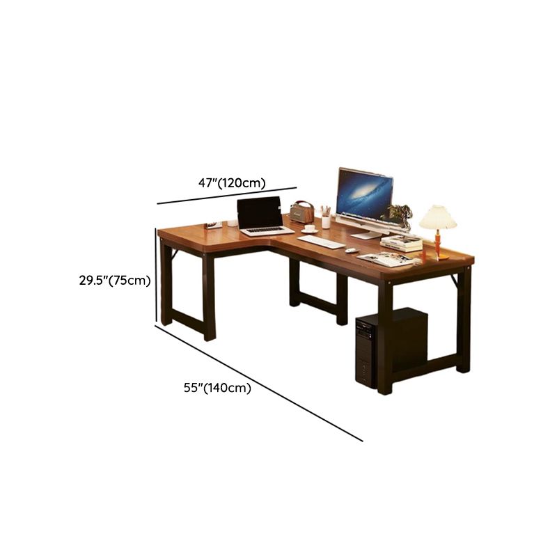 Chalk/Brown Minimalist L-Shape Distortion-resistant H-Shape Desk with Exterior Shelf and Wire Management in Natural Wood