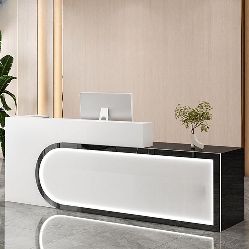 Rectangular Beige/Orange/Pink Manufactured Wood Top Reception Desk with Hutch, Keyboard Tray and Cable Management
