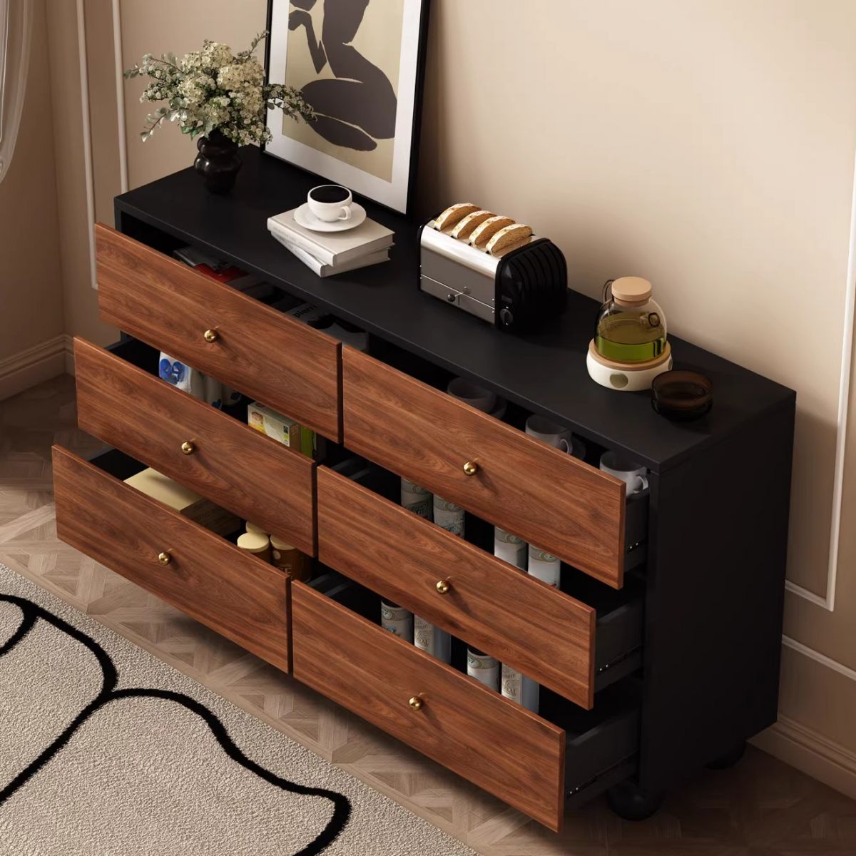 Cocoa Casual Raw Wood Console Dresser with 6/9/5 Drawers in Horizontal/Vertical Orientation