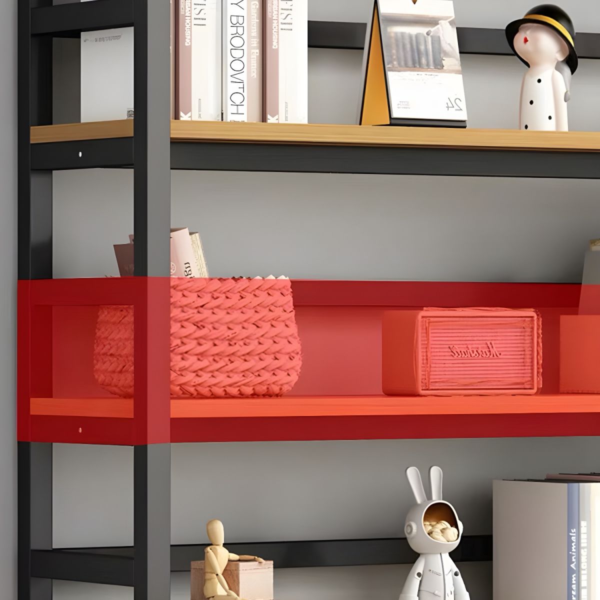 Modern Metal Display Stand with Wooden Shelves and Open Storage