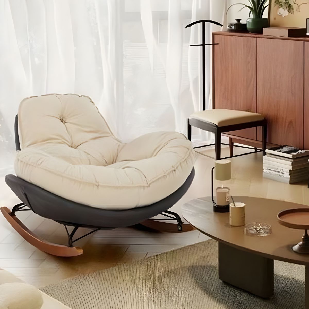 Modern Rocking Chair with Metal Frame and lint Upholstered, Solid Wood Legs and Armless Design