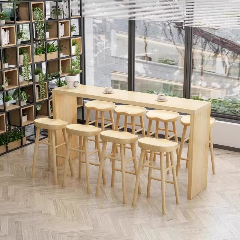 Modern Rectangular Natural Wood Pub Table with Two-sided Pedestal in Wood Grain