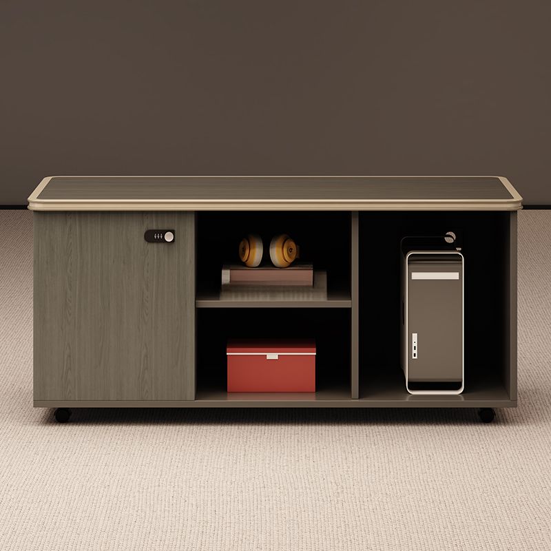 Art Deco Manufactured Wood Base Cabinet with Roller Wheels, Shelves, and Locking Door, 2-Wide/3-Wide Compartments