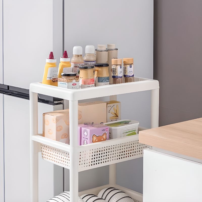 Portable Center Kitchen Island with Basket, 2/3 Baskets, Beige Top