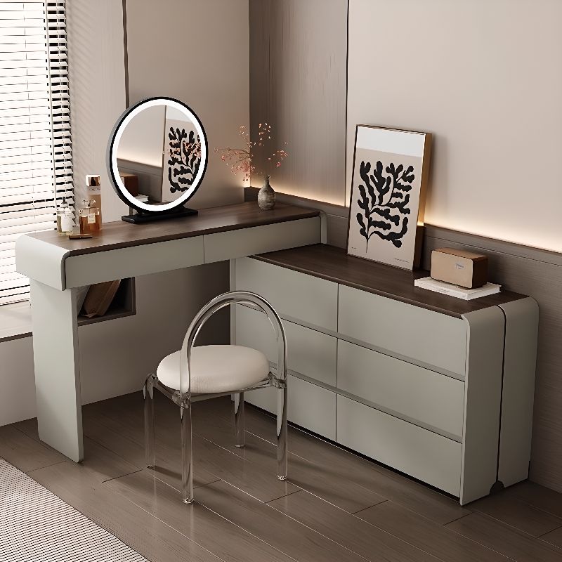 Light Brown Simplistic Natural Wood Makeup Vanity with 8 Drawers in Standard/Large Size