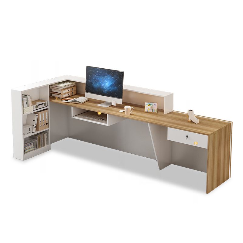 Rectangular Beige/Orange/Pink Manufactured Wood Top Reception Desk with Hutch, Keyboard Tray and Cable Management