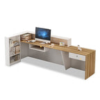 Rectangular Beige/Orange/Pink Manufactured Wood Top Reception Desk with Hutch, Keyboard Tray and Cable Management