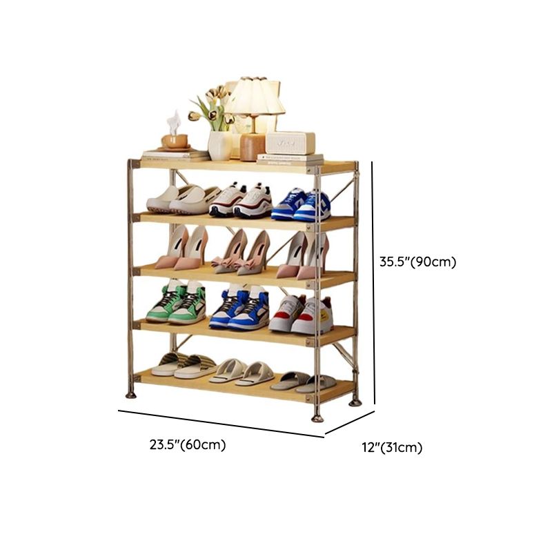 Art Deco Solid Wood Rectangle Shoe Rack with Nature Finish and Adjustable Shelves for 11-20 Pairs in Drawing Room