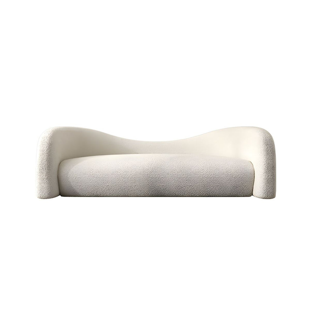 Modern Off-White Curved Sofa in Beige Sherpa Upholstery with Tuxedo Arm