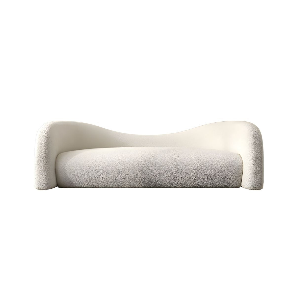 Modern Off-White Curved Sofa in Beige Sherpa Upholstery with Tuxedo Arm