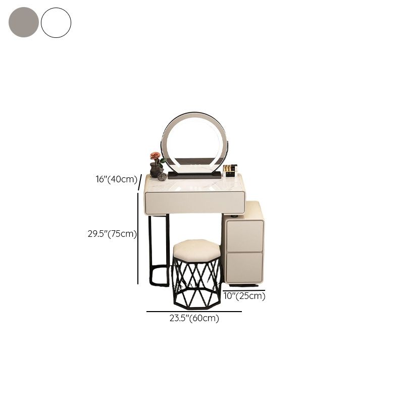 Modish Small Vanity Set/Makeup Vanity in Light Gray/White with 3 Drawers, Alloy Frame, Light Up Mirror, and Chair