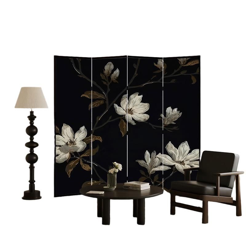 Screen Divider Minimalist Opaque Fold-up with Natural Wood Frame, 4 Panels, Double Sided Print, and Independent Design