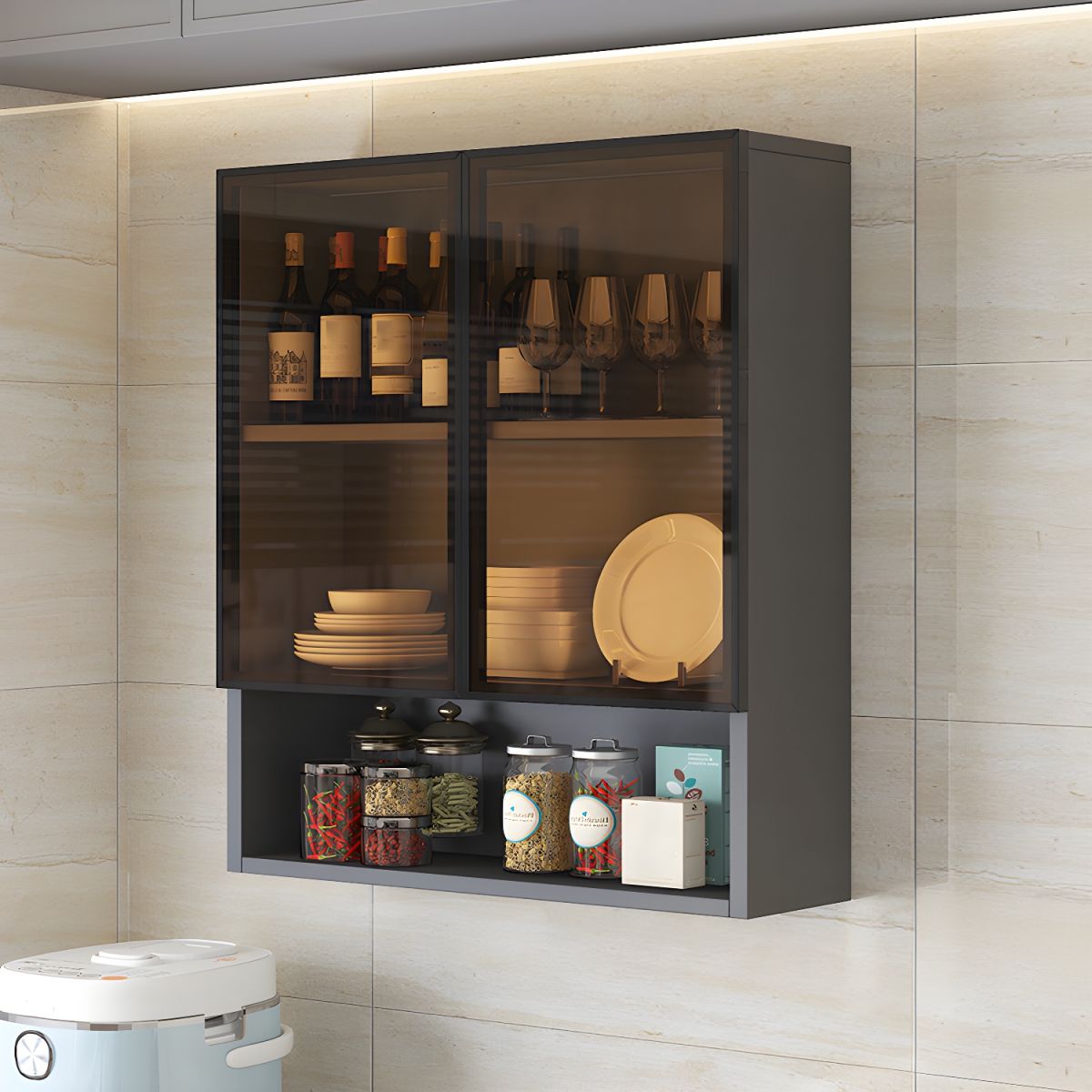 Modern Display Stand Wall Mounted Faux Wood Storage Cabinet for Dining Room