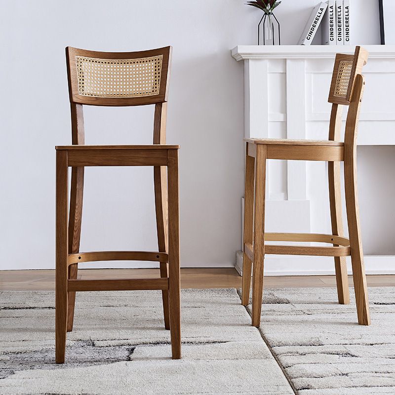 Casual Cane Bar Stools in Midnight Black/Caramel/Natural Color with Back, Quadrilateral Seat, and Leg Rest