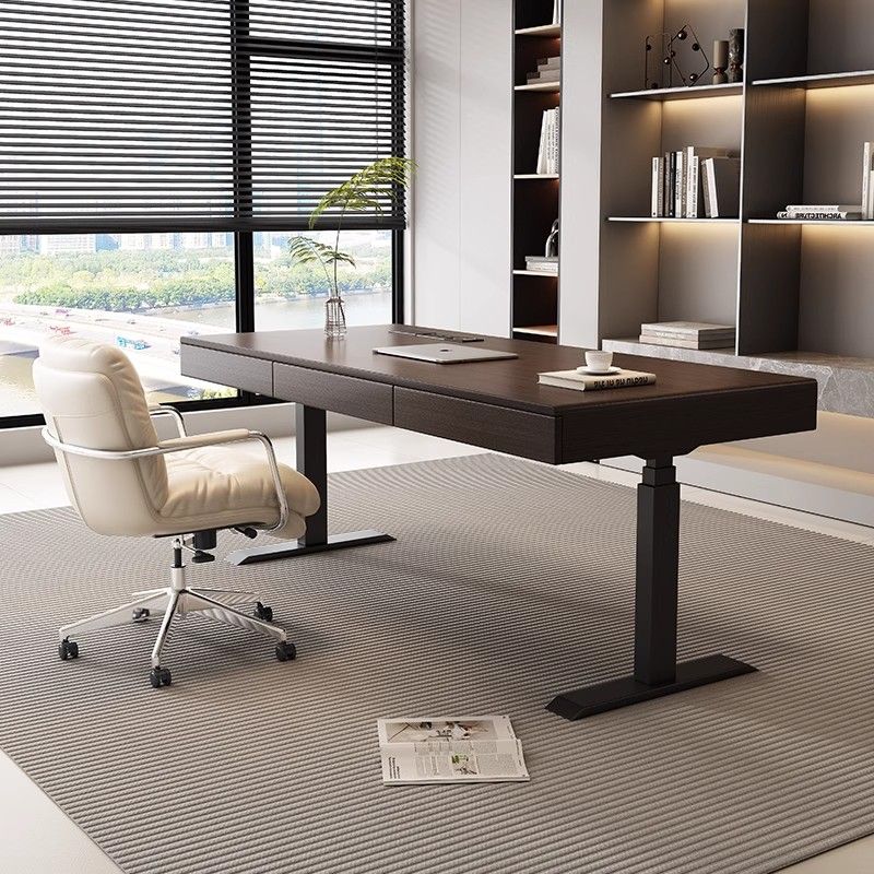 Odor Resistant T-Shape Base Table with 3 Drawers, Automatic Height Adjustment, Auburn Detached Top with Built-in Outlet in Natural Wood