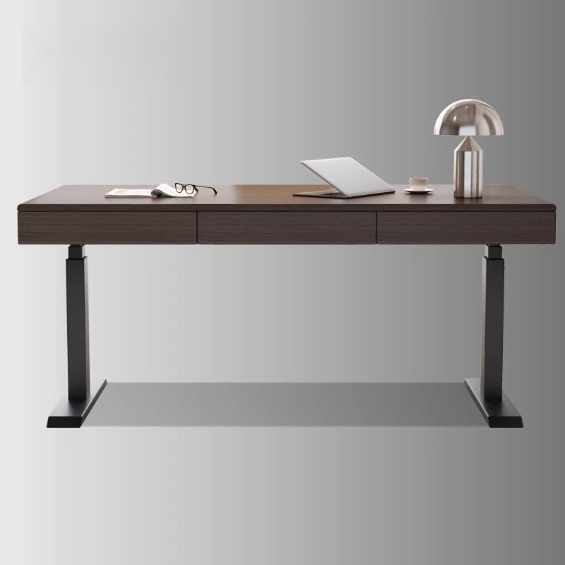 Odor Resistant T-Shape Base Table with 3 Drawers, Automatic Height Adjustment, Auburn Detached Top with Built-in Outlet in Natural Wood