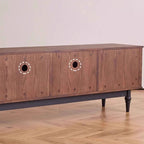 Art Deco Natural Wood TV Stand with 4 Drawers, Locker, Cable Management, and Adjustable Shelving