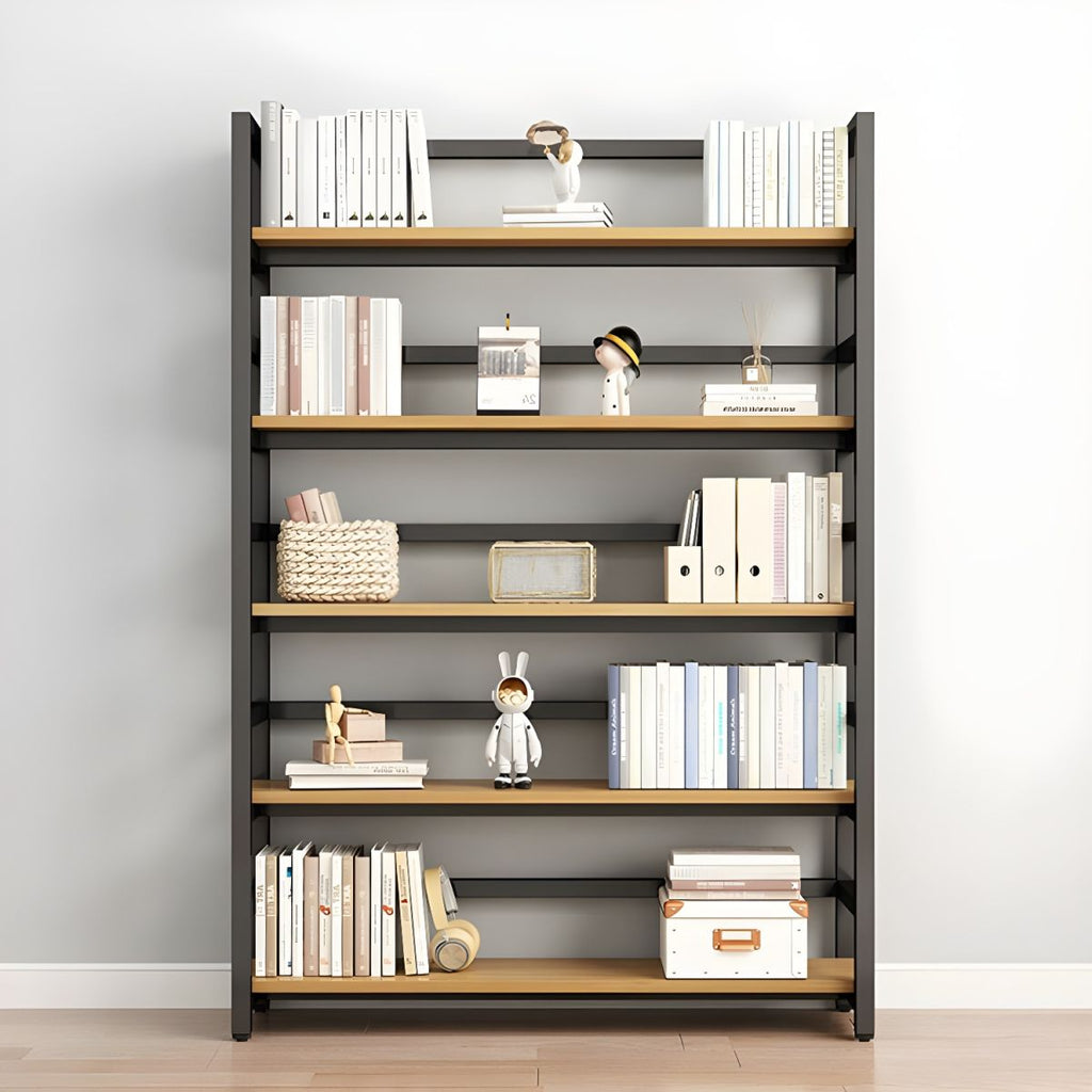 Contemporary Metal Display Stand with Wooden Shelves and Open Storage