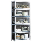 Beige Bambusa Floor Display Stand with Multiple Cabinets (4/3/2), Shelves (4/3/2), and Doors (4/3/2)