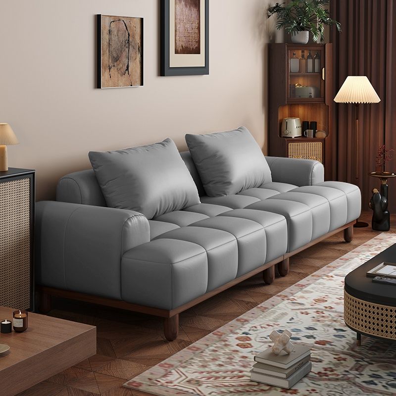 Contemporary Modern Solid Color Scratch-durable Standard Sofa in Pu Leather with Gray/White/Light Brown Upholstery, 2-seater with 2 Pillows