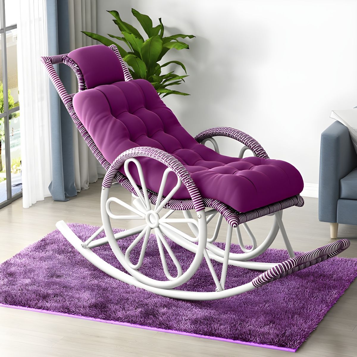 Modern Rocker Wicker Removable Cushions Tufted with Gray Frame Rocking Chair