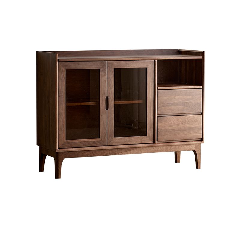 Minimalist Narrow Sideboard with 2 Drawers, 1 Shelf, Kitchen Cupboards, Walnut Wood Countertop, and Glass Doors
