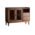 Minimalist Narrow Sideboard with 2 Drawers, 1 Shelf, Kitchen Cupboards, Walnut Wood Countertop, and Glass Doors