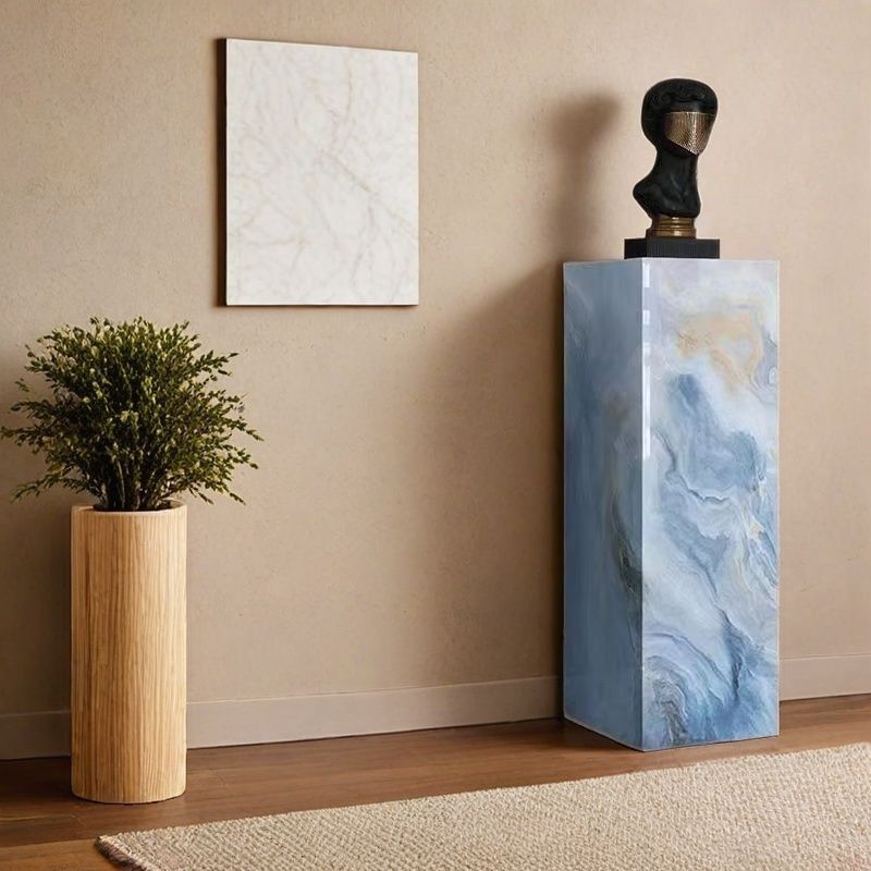 Light Blue Square Marble Pattern Stone Display Table, 30 to 39 in/20 to 29 in Height, Unfinished, Up to 19 in Size